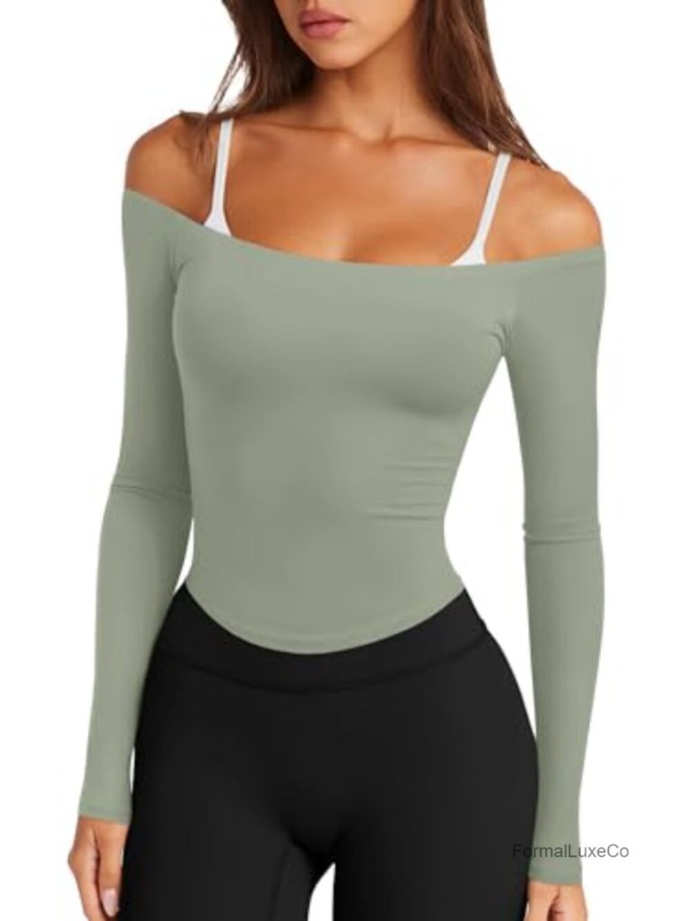 Off Shoulder Long Sleeve Crop Top Buttery Soft 4-Way Stretch
